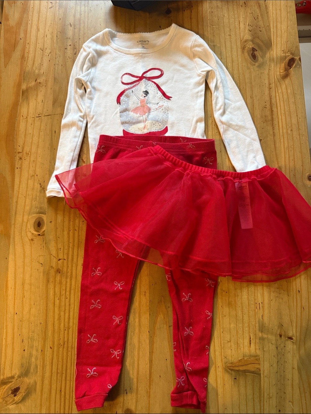 Carter's White Ballerina Snow Globe Top with Red Tulle Skirt & Red Bow Leggings